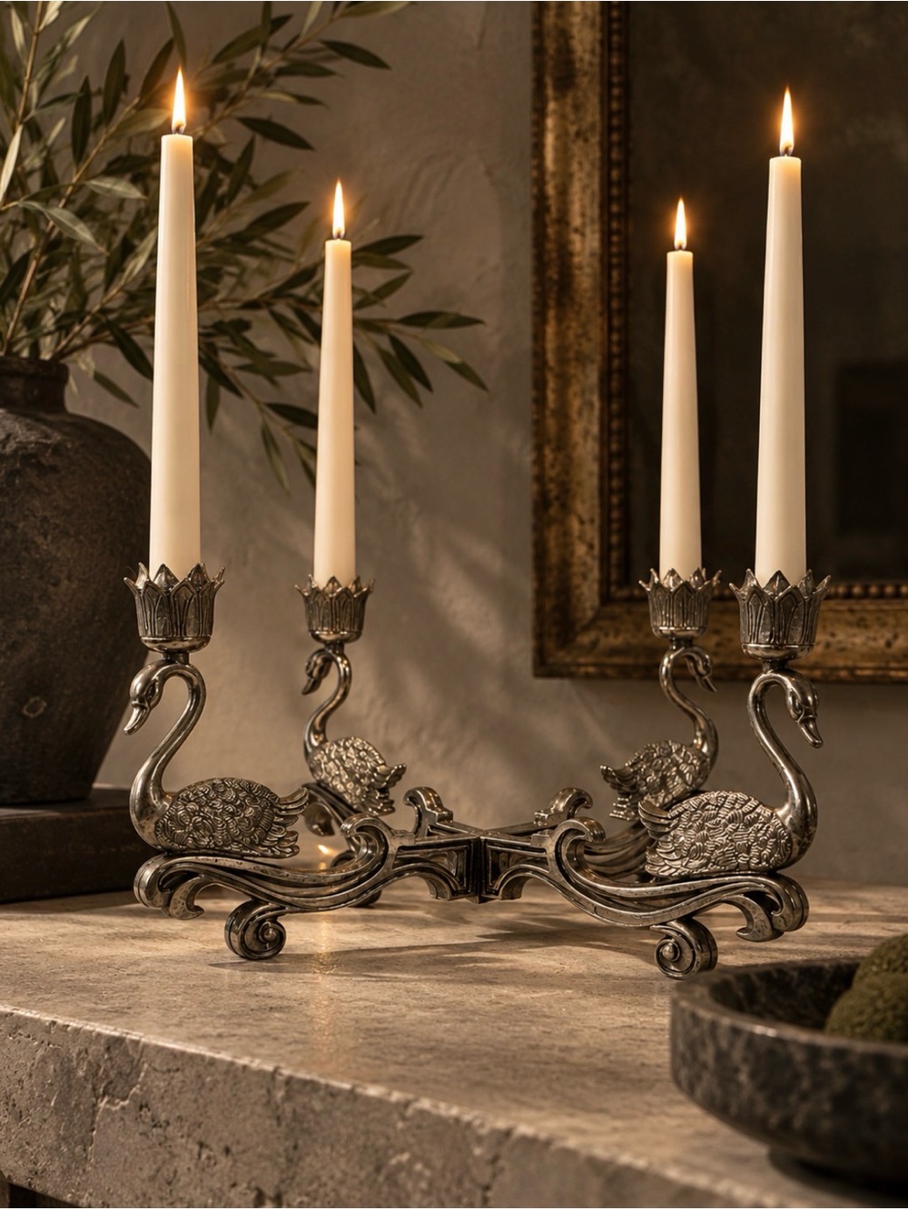 Vintage Silver Swan candelabra Four-Arm tulip Candle Holder